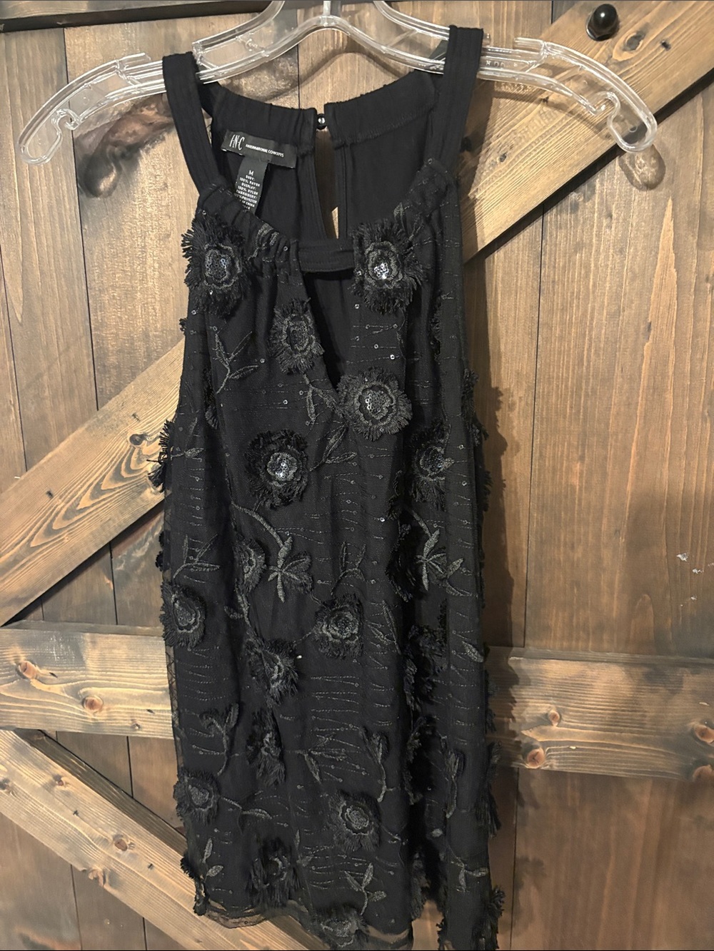 INC International Concepts Black Floral Appliqué Halter tank